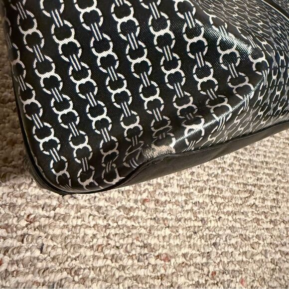 Tory Burch Gemini Link Canvas Tote Navy Black Striped Chain Print Large Bag - Picture 13 of 16